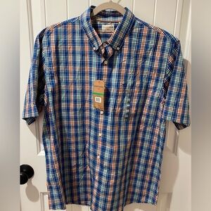 Dockers Men's Blue and Orange Plaid Short Sleeve Button-Down Shirt NWT